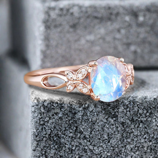 Bague de fiançailles vintage ovale en pierre de lune, bague de promesse unique en opale et moissanite