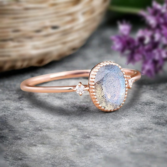 Vintage Unique Labradorite Engagement Ring Solid 10K Gold Labradorite Ring Delicate Gemstone Ring Handmade Bridal Jewelry