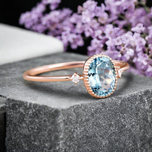 Vintage Unique Aquamarine Engagement Ring Solid 10K Gold Aquamarine Ring Delicate Aquamarine Gemstone Ring Handmade Bridal Jewelry