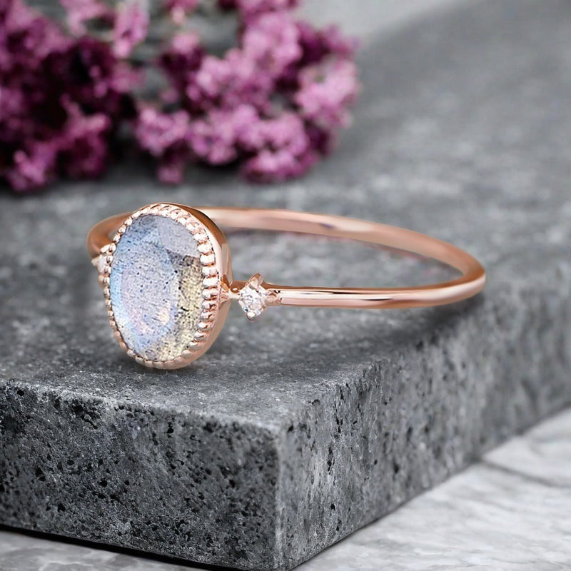 Vintage Unique Labradorite Engagement Ring Solid 10K Gold Labradorite Ring Delicate Gemstone Ring Handmade Bridal Jewelry
