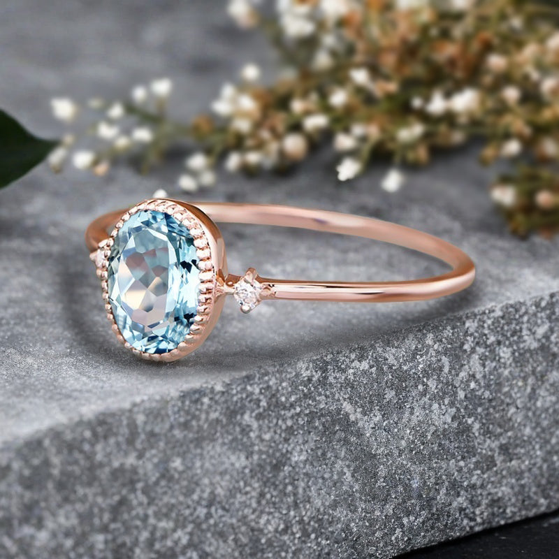 Vintage Unique Aquamarine Engagement Ring Solid 10K Gold Aquamarine Ring Delicate Aquamarine Gemstone Ring Handmade Bridal Jewelry