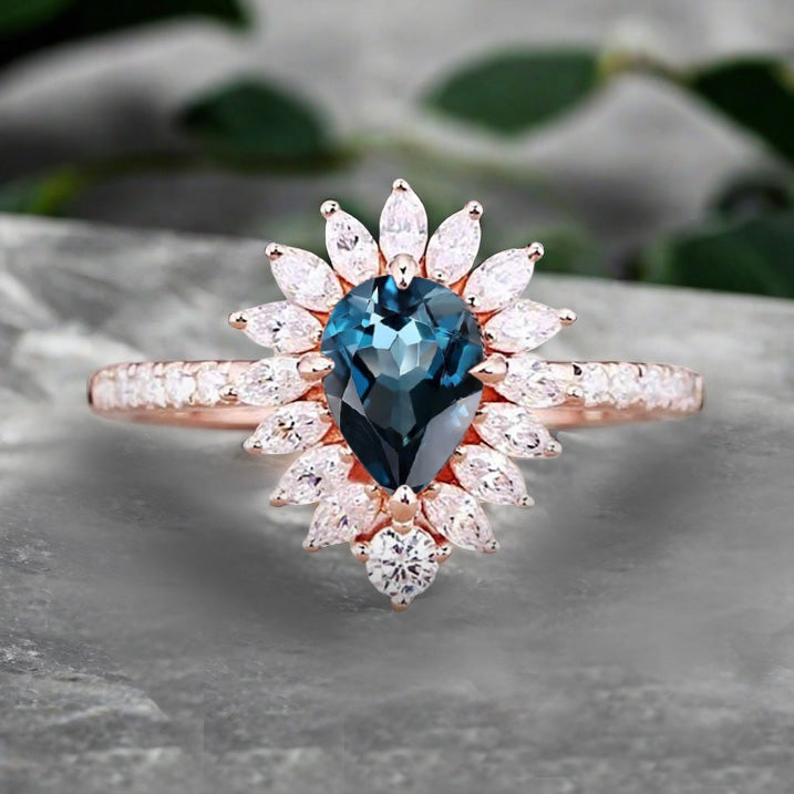 Vintage Blue-Green Sapphire Engagement Ring 14K Rose Gold Blue-Green Sapphire Unique Gemstone Bridal Ring For Women Moissanite Halo Promise Gift For Her