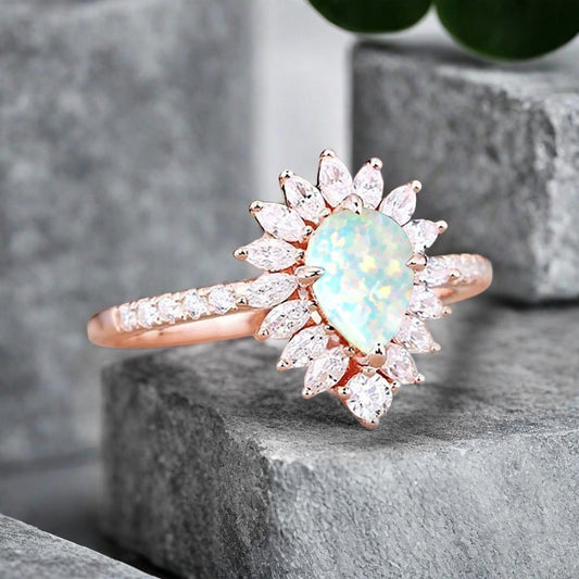 Vintage Opal Engagement Ring 14K Rose Gold Pink-White Opal Unique Gemstone Bridal Ring For Women Moissanite Halo Promise Gift For Her