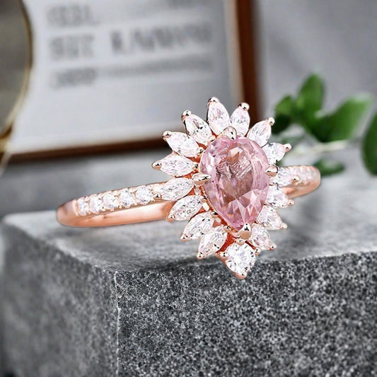 Vintage Pink Sapphire Engagement Ring 14K Rose Gold Pink Sapphire Unique Gemstone Bridal Ring For Women Moissanite Halo Promise Gift For Her