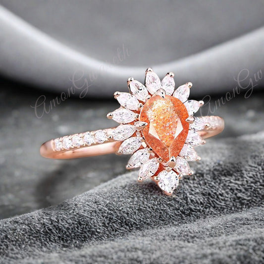 Vintage Sunstone Engagement Ring 14K Rose Gold Orange Sunstone Unique Gemstone Bridal Ring For Women Moissanite Halo Promise Gift For Her