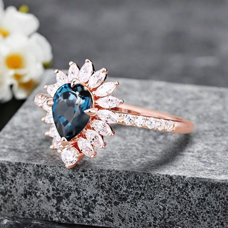 Vintage Blue-Green Sapphire Engagement Ring 14K Rose Gold Blue-Green Sapphire Unique Gemstone Bridal Ring For Women Moissanite Halo Promise Gift For Her