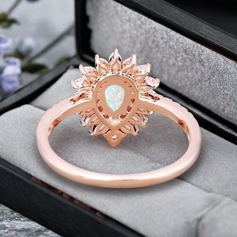 Vintage Opal Engagement Ring 14K Rose Gold Pink-White Opal Unique Gemstone Bridal Ring For Women Moissanite Halo Promise Gift For Her