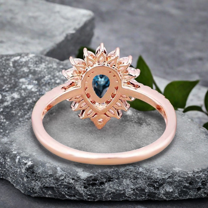 Vintage Blue-Green Sapphire Engagement Ring 14K Rose Gold Blue-Green Sapphire Unique Gemstone Bridal Ring For Women Moissanite Halo Promise Gift For Her