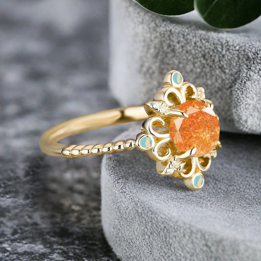 Vintage Round Sunstone Engagement Ring Solid Rose Gold Leaf Ring Orange Sunstone Bridal Ring Unique Promise Anniversary Gift