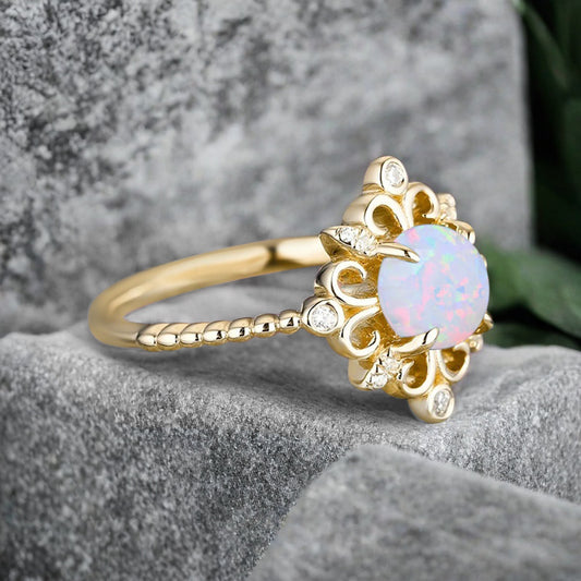 Vintage Round Opal Engagement Ring Solid Rose Gold Leaf Ring Pink-White Opal Bridal Ring Unique Promise Anniversary Gift
