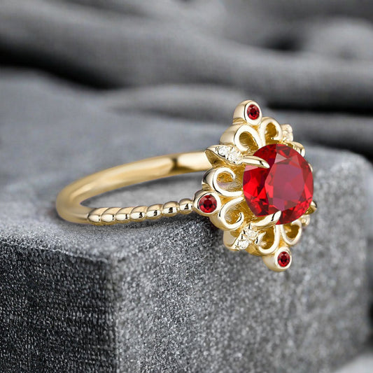 Vintage Round Ruby Engagement Ring Solid Rose Gold Leaf Ring Scarlet Ruby Bridal Ring Unique Promise Anniversary Gift