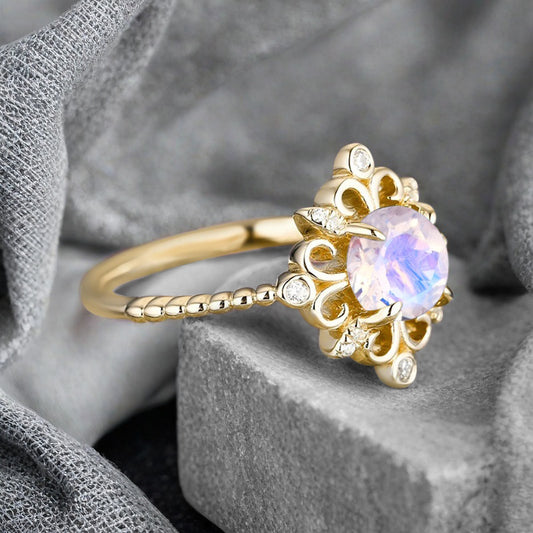 Vintage Round Moissanite Engagement Ring Solid Rose Gold Leaf Ring Transparent Moissanite Bridal Ring Unique Promise Anniversary Gift