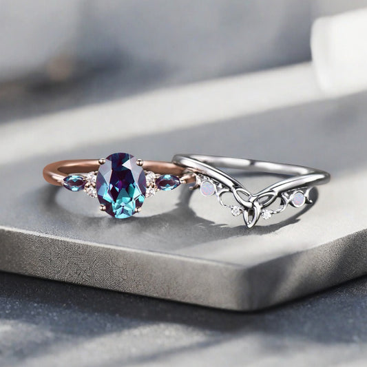 Nature Inspired Color-Change Alexandrite Bridal Set Twig Vine Engagement Ring Oval Alexandrite Ring June Birthstone Wedding Gifts