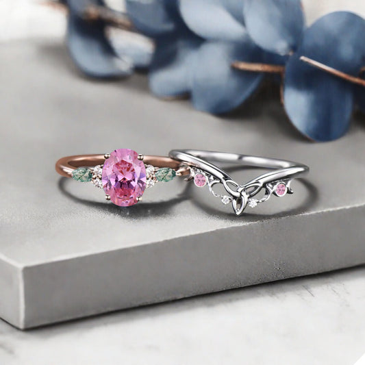 Nature Inspired Color-Change Pink Sapphire Amethyst Bridal Set Twig Vine Engagement Ring Oval Pink Sapphire Ring June Birthstone Wedding Gifts