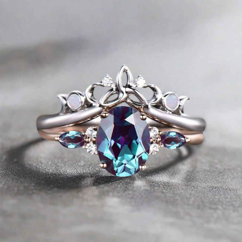 Nature Inspired Color-Change Alexandrite Bridal Set Twig Vine Engagement Ring Oval Alexandrite Ring June Birthstone Wedding Gifts