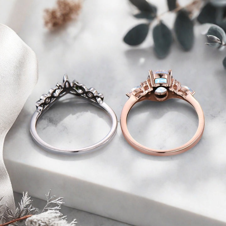 Vintage Birnenform Aquamarin Verlobungsring Set Unikat Versprechen Brautring Set Jubiläumsgeschenk