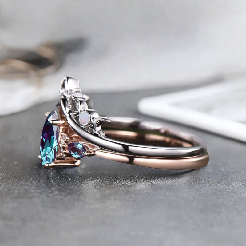Nature Inspired Color-Change Alexandrite Bridal Set Twig Vine Engagement Ring Oval Alexandrite Ring June Birthstone Wedding Gifts