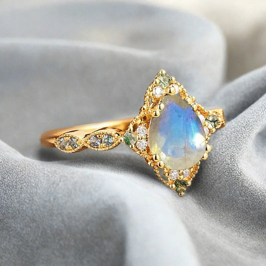 Vintage Birnenform Aquamarin Verlobungsring Set Unikat Versprechen Brautring Set Jubiläumsgeschenk