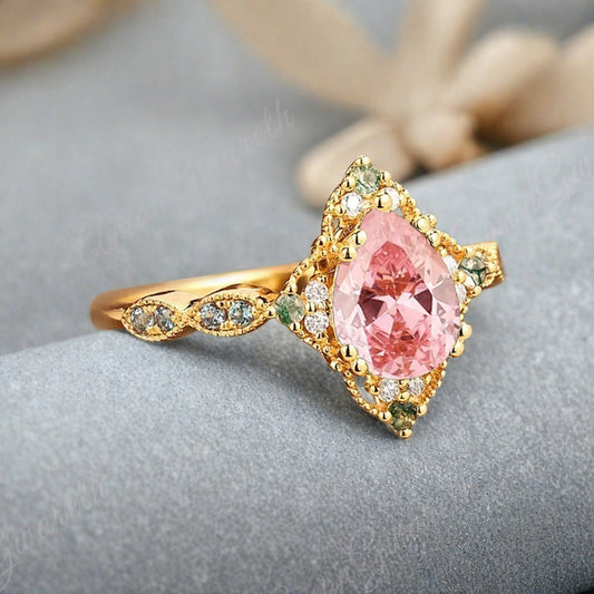 Vintage Pink Sapphire Engagement Ring Pear Shape Pink Gemstone Anniversary Ring Solid Gold Solitaire Unique Pink-Sapphire Ring for Women