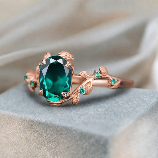 Vintage Oval Cut Emerald Engagement Ring Branch Ring Art Deco Emerald Wedding Ring Solid 18k Rose Gold Leaf Ring Bridal Promise Ring Gift For Her