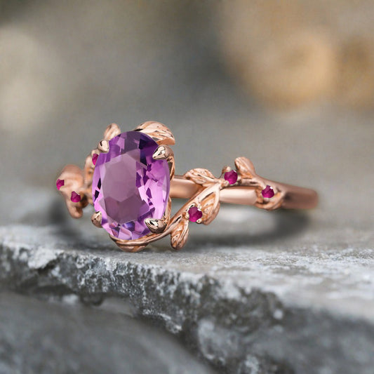 Vintage Oval Cut Amethyst Engagement Ring Branch Ring Art Deco Amethyst Wedding Ring Solid 18k Rose Gold Leaf Ring Bridal Promise Ring Gift For Her