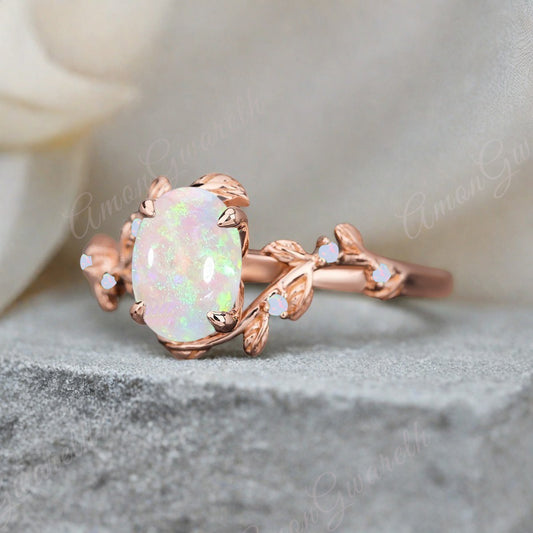 Vintage Oval Cut Opal Engagement Ring Branch Ring Art Deco Opal Wedding Ring Solid 18k Rose Gold Leaf Ring Bridal Promise Ring Gift For Her