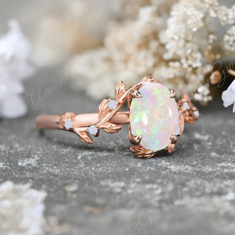 Vintage Oval Cut Opal Engagement Ring Branch Ring Art Deco Opal Wedding Ring Solid 18k Rose Gold Leaf Ring Bridal Promise Ring Gift For Her