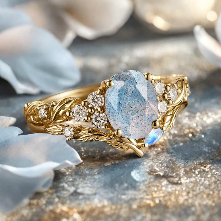 Vintage Oval Shape Labradorite Engagement Ring Set Unique Labradorite Gemstone Promise Bridal Ring Set Anniversary Gift