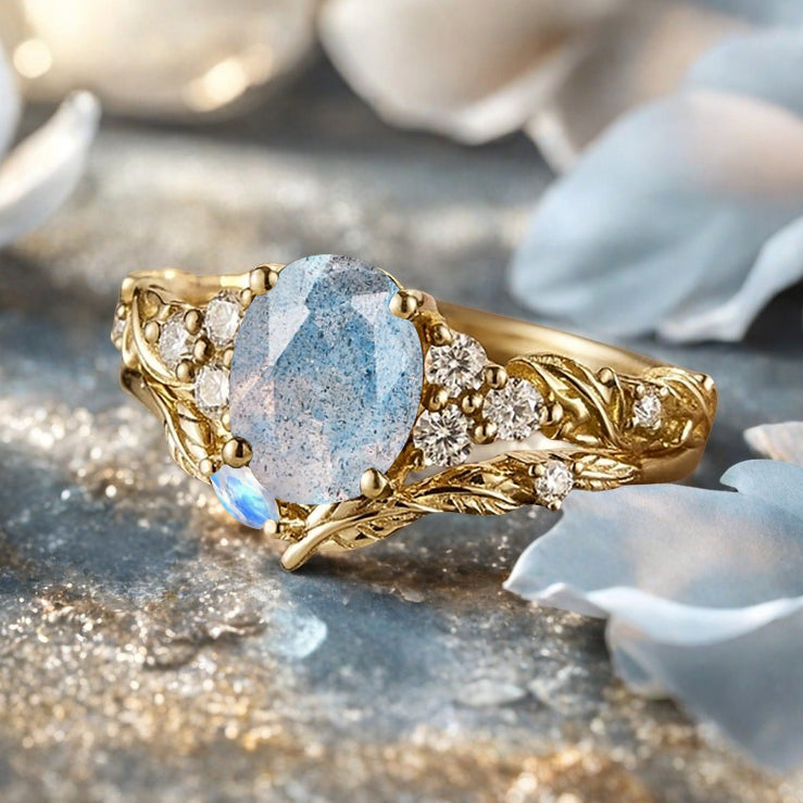 Vintage Oval Shape Labradorite Engagement Ring Set Unique Labradorite Gemstone Promise Bridal Ring Set Anniversary Gift