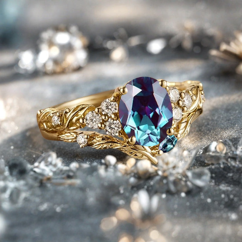Vintage Oval Shape Alexandrite Engagement Ring Set Unique Alexandrite Gemstone Promise Bridal Ring Set Anniversary Gift