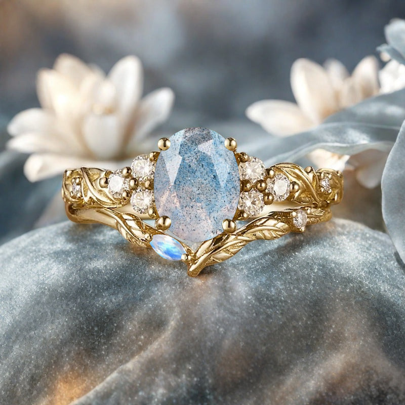 Vintage Oval Shape Labradorite Engagement Ring Set Unique Labradorite Gemstone Promise Bridal Ring Set Anniversary Gift