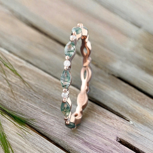 Unique Marquise Moss Agate wedding band Rose gold moissanite wedding band women full eternity matching stacking ring Anniversary gift for her