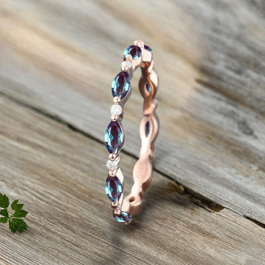 Unique Marquise Alexandrite wedding band Rose gold moissanite wedding band women full eternity matching stacking ring Anniversary gift for her