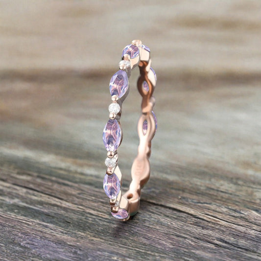 Unique Marquise Amethyst wedding band Rose gold moissanite wedding band women full eternity matching stacking ring Anniversary gift for her