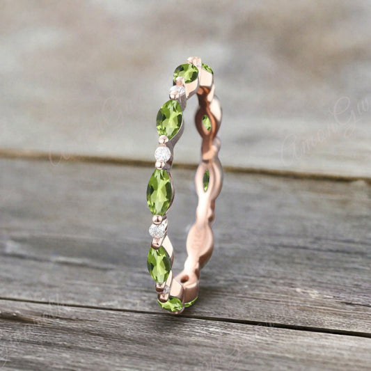 Unique Marquise Peridot wedding band Rose gold moissanite wedding band women full eternity matching stacking ring Anniversary gift for her