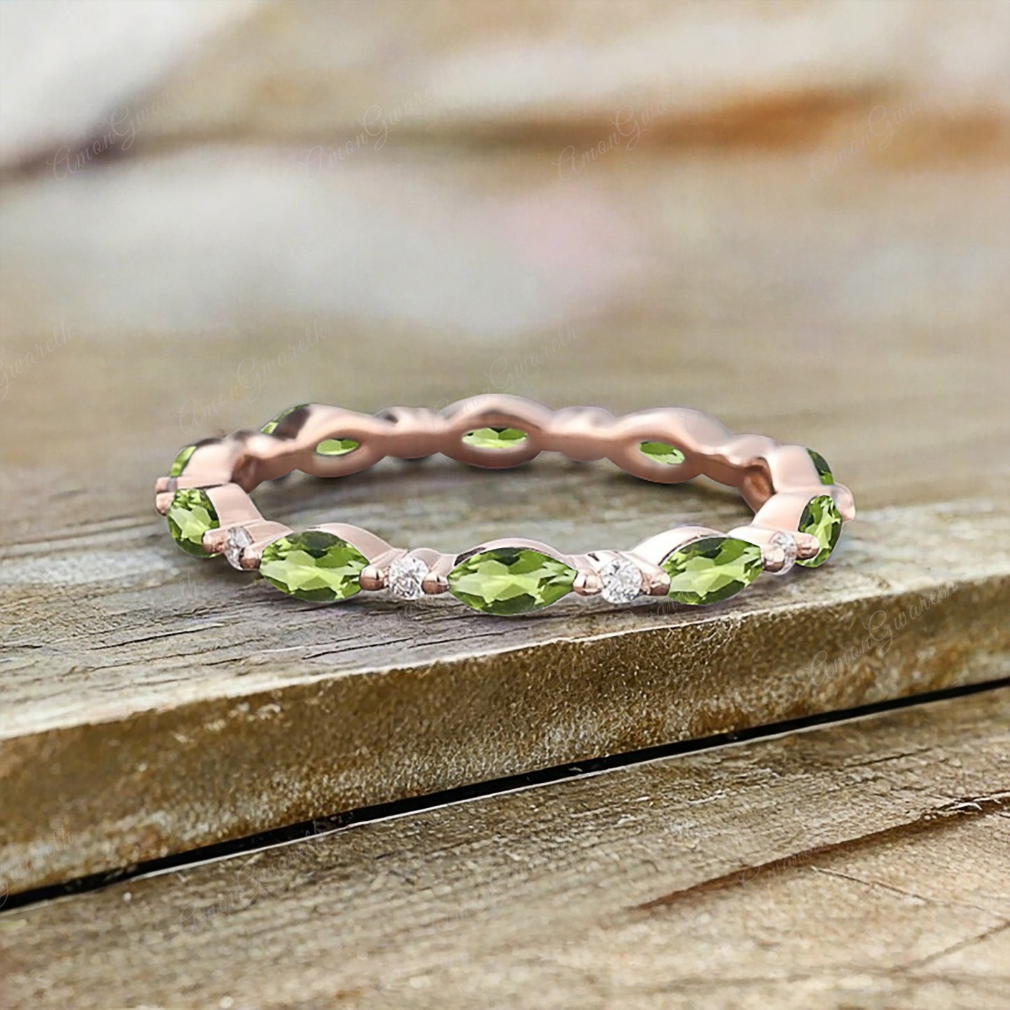 Unique Marquise Peridot wedding band Rose gold moissanite wedding band women full eternity matching stacking ring Anniversary gift for her