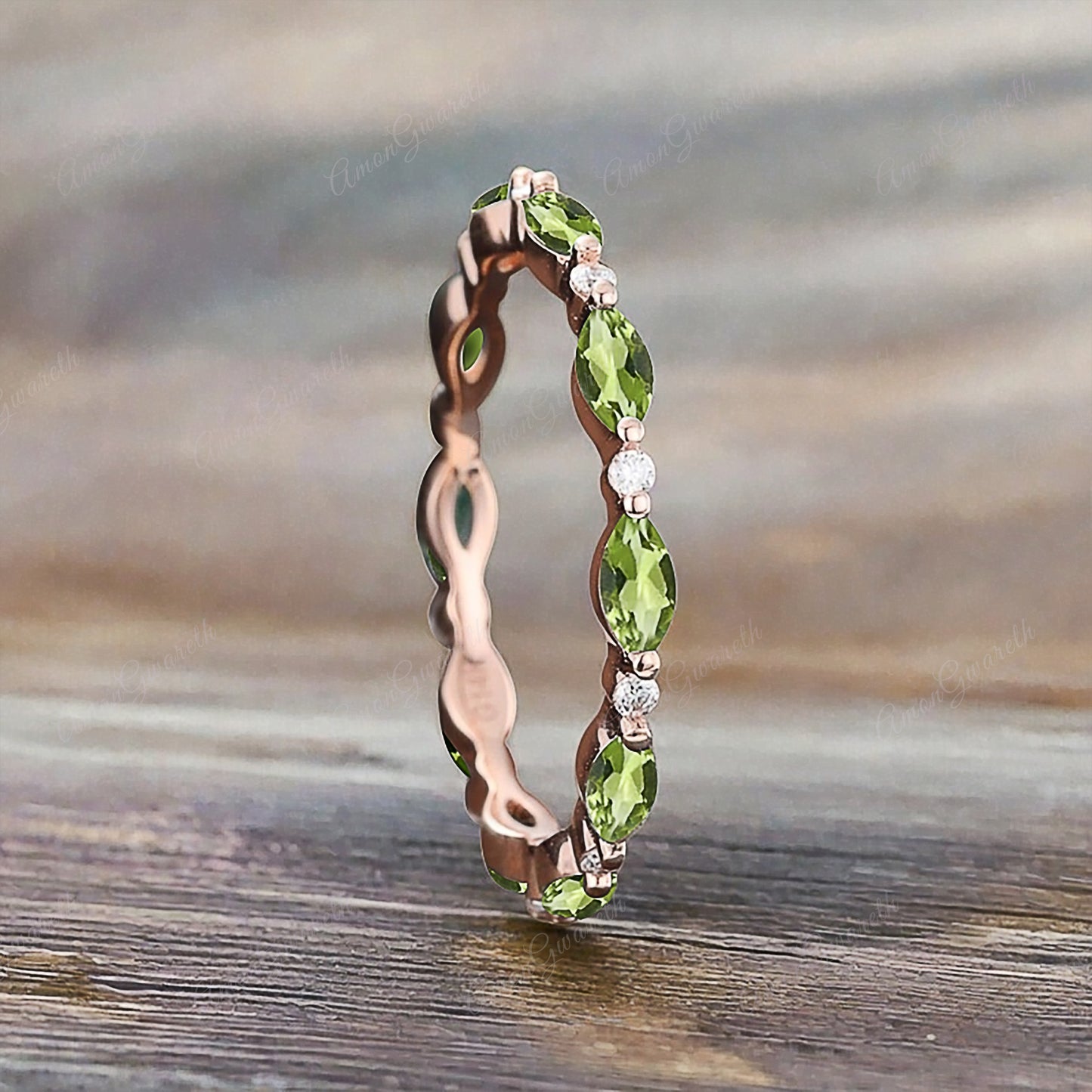 Unique Marquise Peridot wedding band Rose gold moissanite wedding band women full eternity matching stacking ring Anniversary gift for her