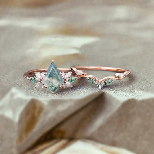 Vintage Kite Shape Moss Agate Engagement Ring Set Unique Moissanite Gemstone Promise Bridal Ring Set Anniversary Gift
