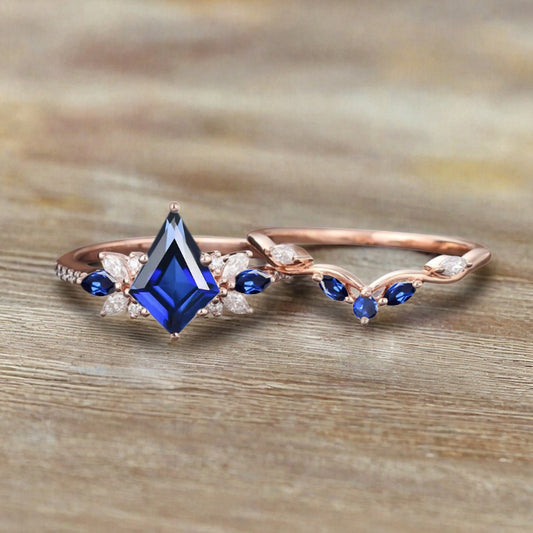 Vintage Kite Shape Blue Topaz Engagement Ring Set Unique Blue Topaz Gemstone Promise Bridal Ring Set Anniversary Gift