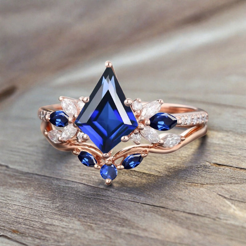 Vintage Kite Shape Blue Topaz Engagement Ring Set Unique Blue Topaz Gemstone Promise Bridal Ring Set Anniversary Gift