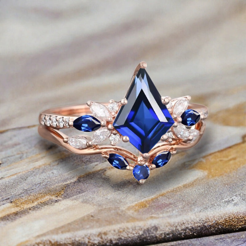 Vintage Kite Shape Blue Topaz Engagement Ring Set Unique Blue Topaz Gemstone Promise Bridal Ring Set Anniversary Gift