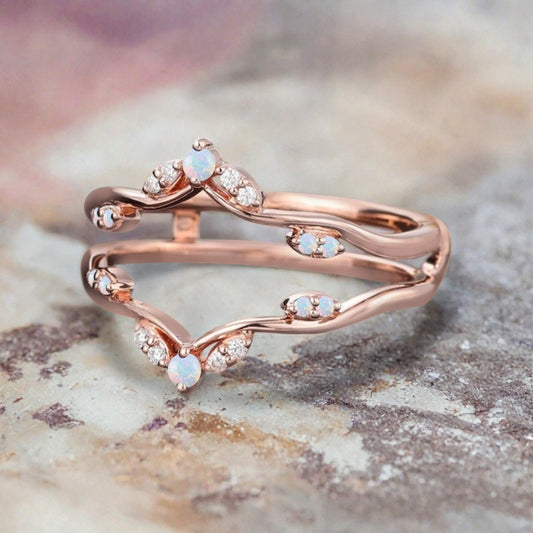 Opal Ring Enhancer Rose Gold Opal Curved Wedding Ring Double Curved Moissanite Wedding Band Anniversary Gift For Her