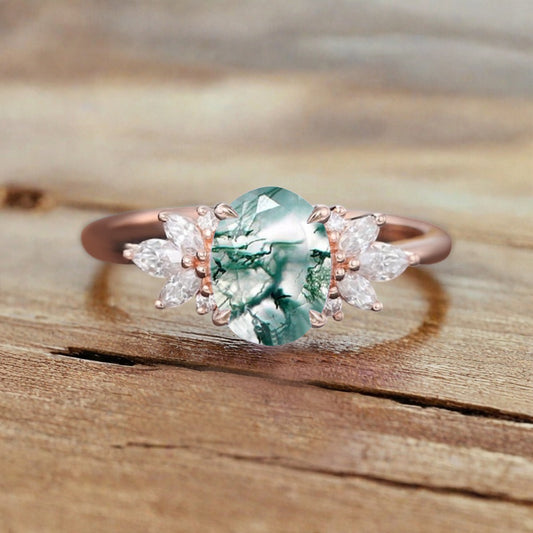 Unique Vintage Oval Cut Moss Agate Ring Solid 18k Rose Gold Ring Handmade Moissanite Engagement Ring Promise Bridal Ring Anniversary Gift