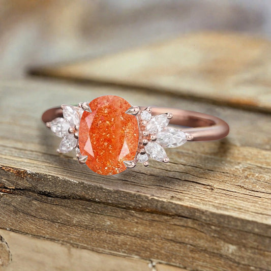 Unique Vintage Oval Cut Sunstone Ring Solid 18k Rose Gold Ring Handmade Moissanite Engagement Ring Promise Bridal Ring Anniversary Gift