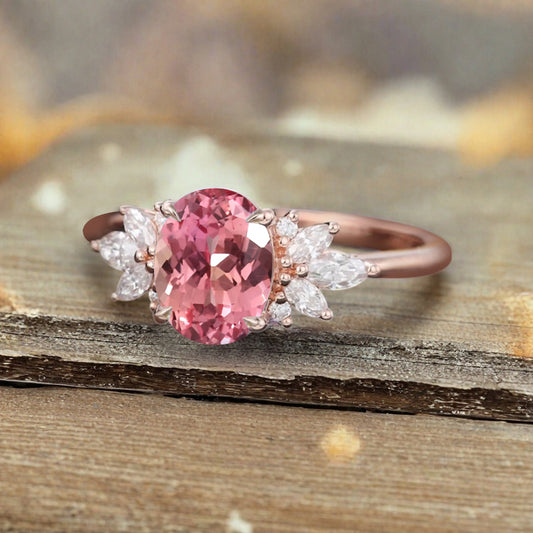 Unique Vintage Oval Cut Pink Sapphire Ring Solid 18k Rose Gold Ring Handmade Moissanite Engagement Ring Promise Bridal Ring Anniversary Gift