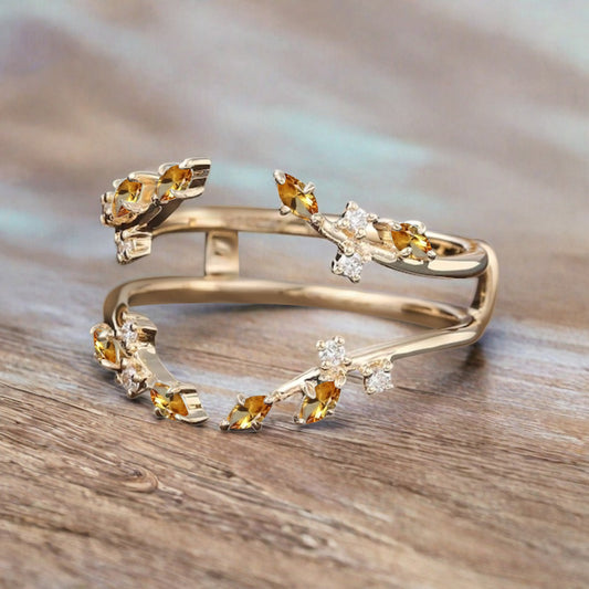 Marquise cut Citrine wedding band Unique Rose gold enhancer band vintage citrine double band Open wedding band leaf ring Anniversary