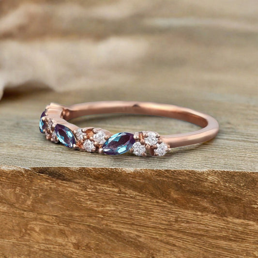 Marquise cut Alexandrite wedding band Vintage Rose gold wedding band Half eternity Moissanite Wedding band Bridal Matching Stackable band