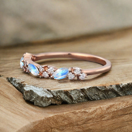 Marquise cut Moonstone wedding band Vintage Rose gold wedding band Half eternity Moonstone Wedding band Bridal Matching Stackable band