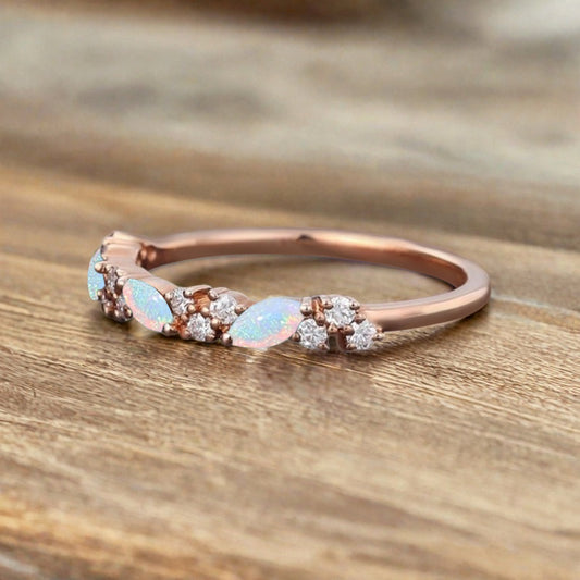 Marquise cut Opal wedding band Vintage Rose gold wedding band Half eternity Opal Wedding band Bridal Matching Stackable band