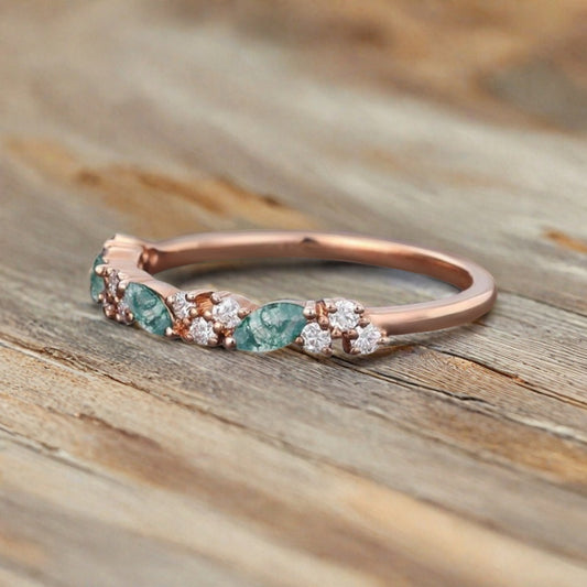 Marquise cut Moss Agate wedding band Vintage Rose gold wedding band Half eternity Moissanite Wedding band Bridal Matching Stackable band